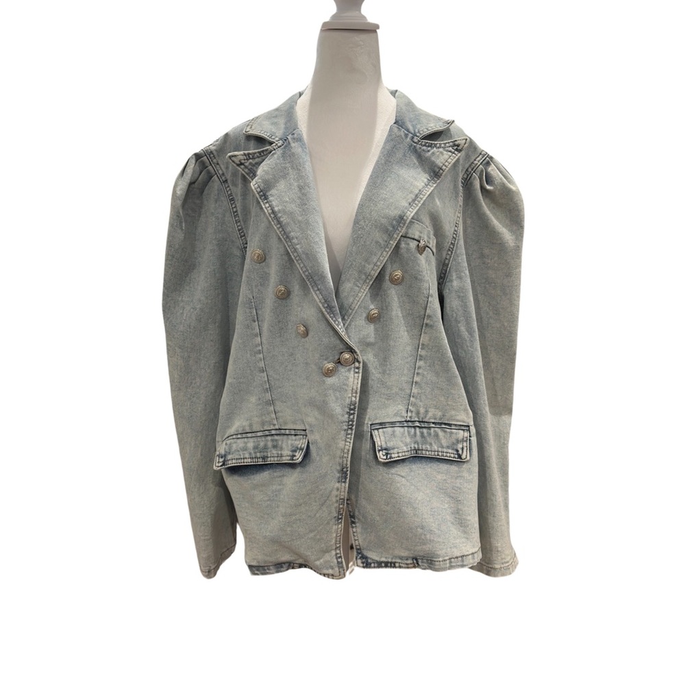Savanna Jane Denim Asymmetric Double Breasted Puff Sleeve Jacket